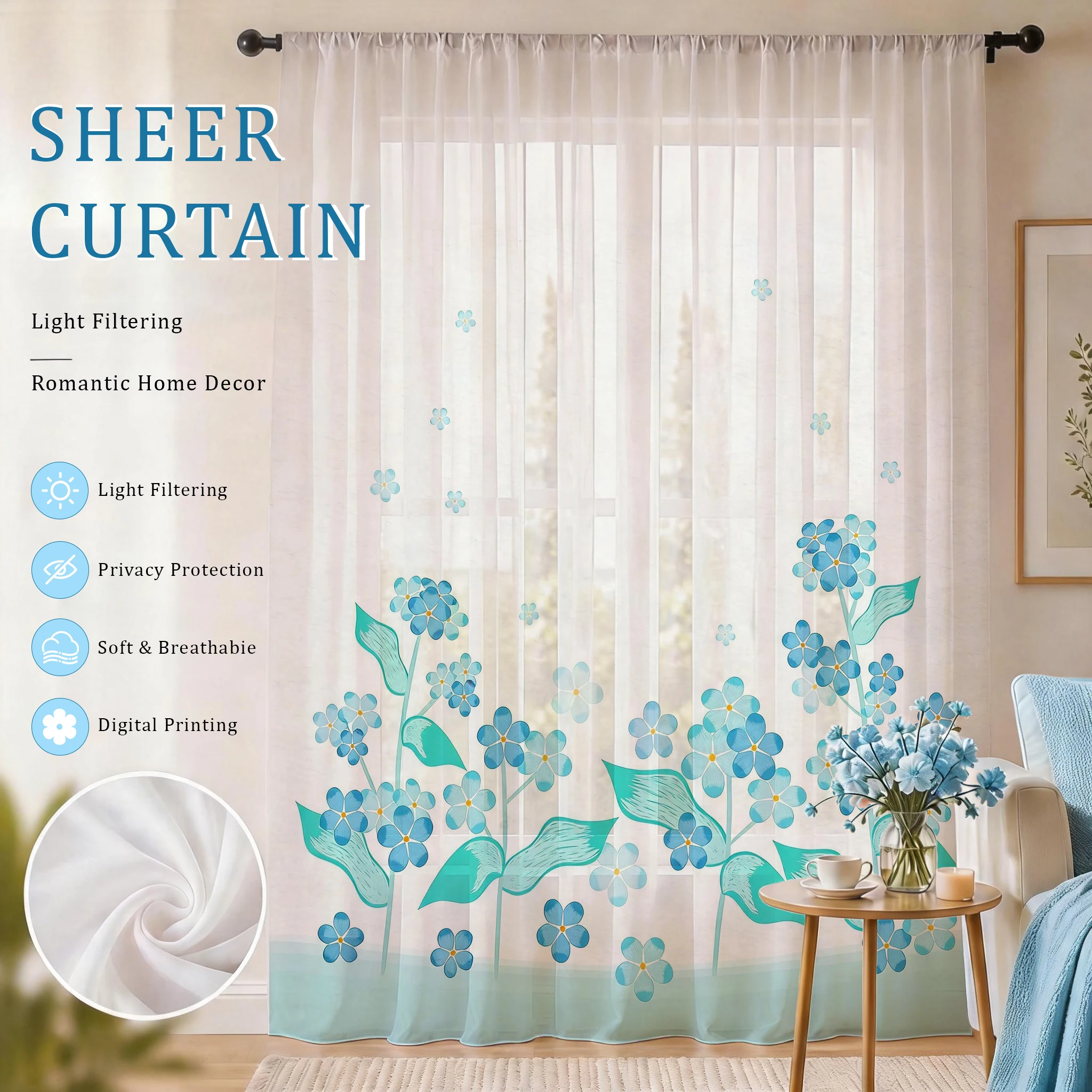 Home Office Youtube - Light blue Modern Gradient Sheer Curtain,