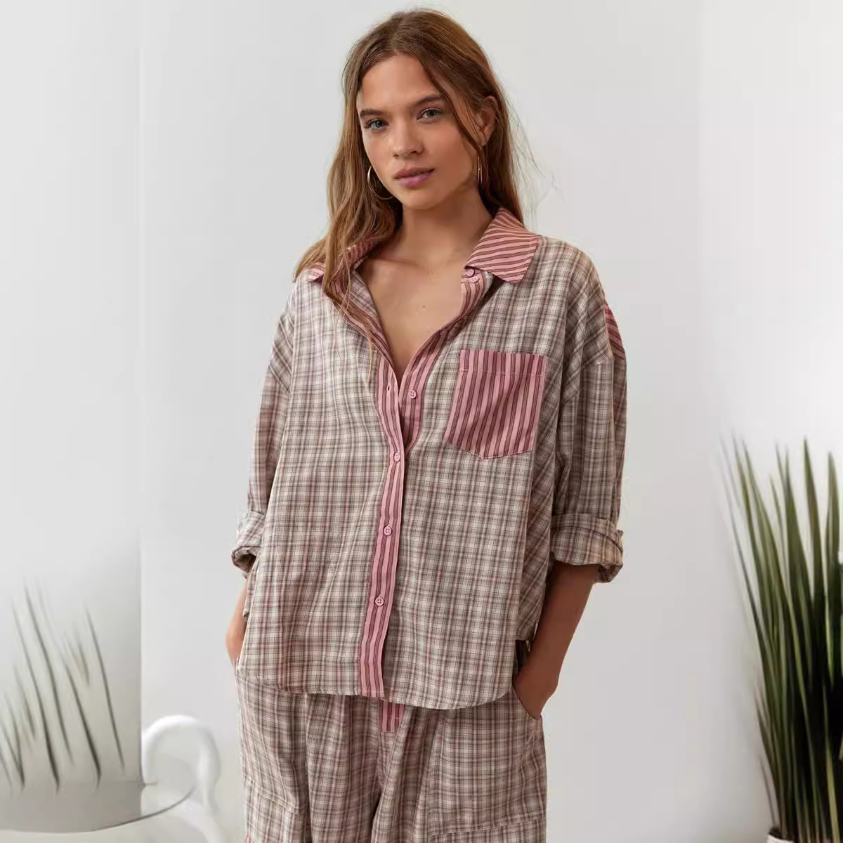Stripe Plaid Patchwork Blouse  - Home Office 2024 recension och pris